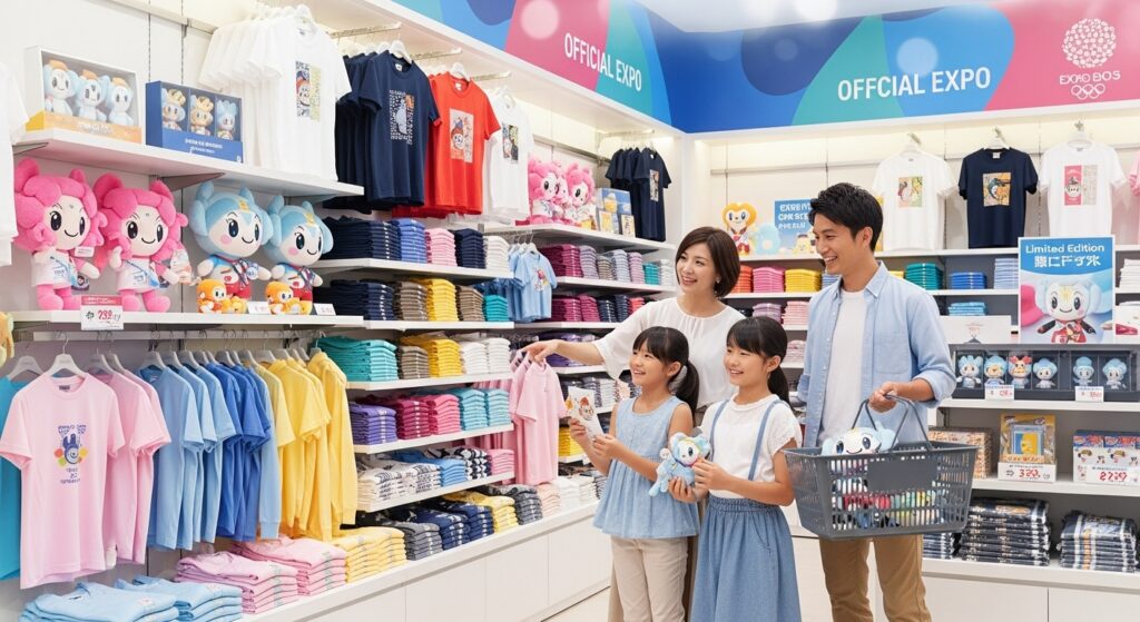 万博会場の公式グッズショップで、日本人家族がキャラクターのマスコットやロゴ入りTシャツを選びながら楽しそうに見て回る様子。