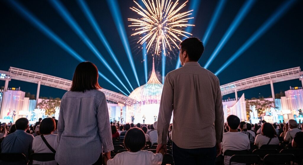 万博会場の夜間イベントで、ライトアップされたパビリオンと花火を見上げる日本人家族。ステージではパフォーマーが観客に近い距離で演出を披露している。
