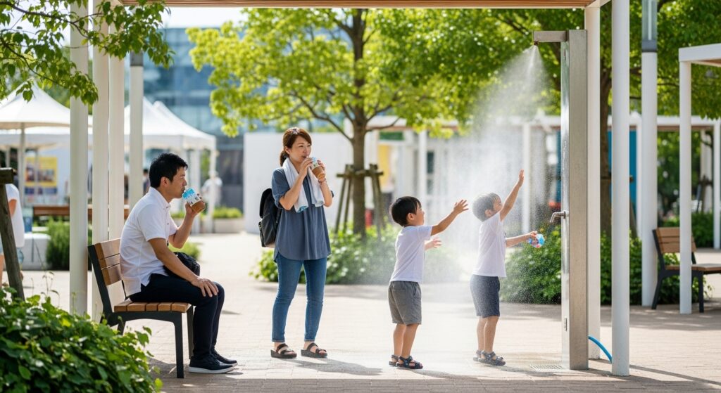 万博会場の日陰の休憩スペースで、日本人家族が飲み物やミストシャワーで涼をとりながら体力を回復している様子。