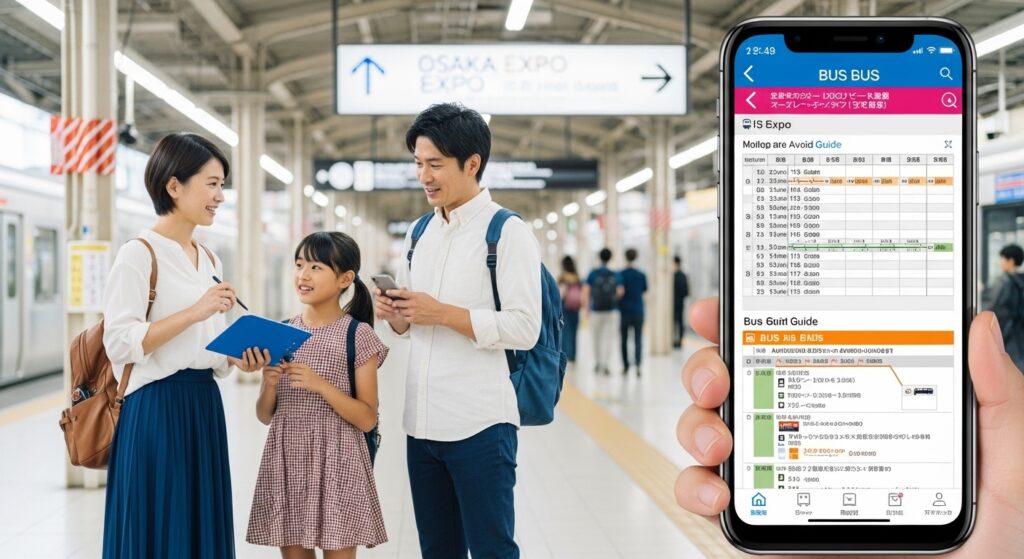 大阪万博へのアクセス方法を考える日本人家族が、駅の案内板とスマートフォンの乗換案内を確認しながら混雑を避けるルートを検討している様子。