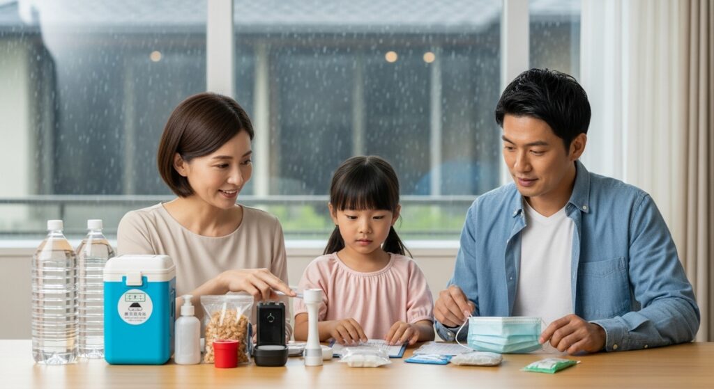 日本人家族が非常用持ち出し袋の中身を確認し、飲料水や非常食、モバイルバッテリー、携帯トイレなどをテーブルに並べてチェックしている様子。