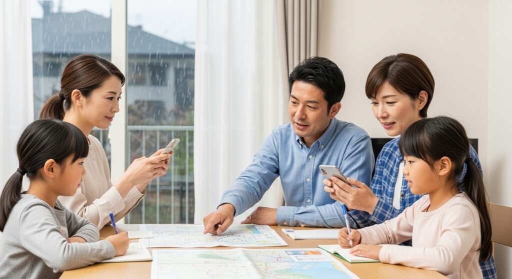 日本人家族がハザードマップを広げ、避難場所や連絡手段について話し合い、スマホで災害用伝言板を確認しながら計画を共有している様子。