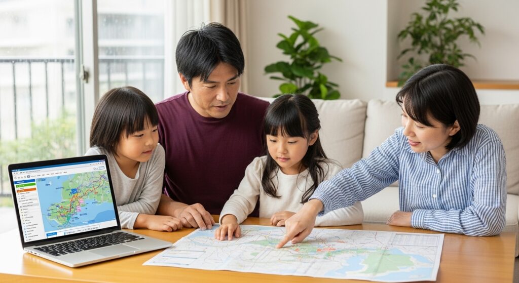 日本人家族がハザードマップを広げ、自宅や避難所を確認しながら災害時の避難行動をシミュレーションする様子。背景には危険区域を示すパソコン画面が見える。