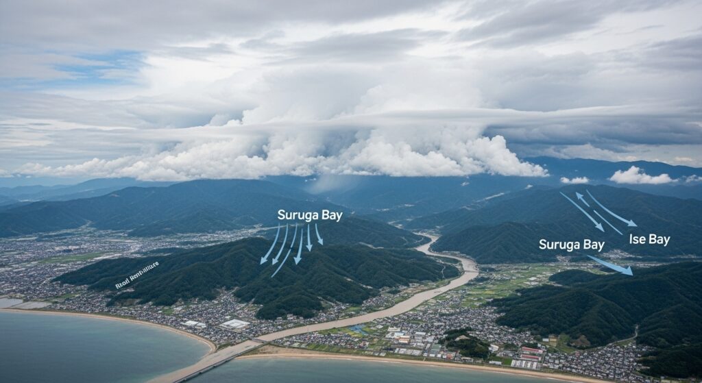 紀伊半島や南アルプスに南からの湿った空気がぶつかり、積乱雲が急速に発達し豪雨をもたらす様子。沿岸部の町と河川が増水の危険にさらされている。