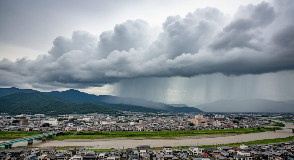 南西からの湿った空気が九州山地の斜面を上昇し、積乱雲を形成して豪雨となり、球磨川流域の町が濁流に包まれる様子。