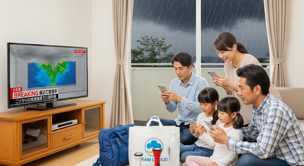 線状降水帯のニュース速報を見ながら、日本人家族が雨雲レーダーを確認し、防災バッグや飲料水を準備する様子。窓の外には豪雨が降り続いている。