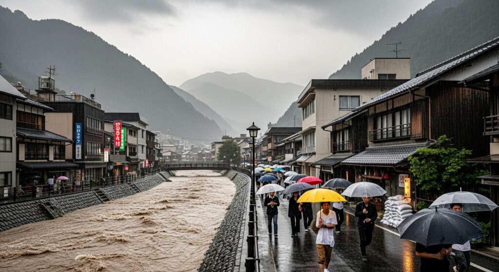 山間部の町で線状降水帯による豪雨が発生し、濁流となった川が氾濫しそうな中、傘を差した日本人住民たちが避難する様子。