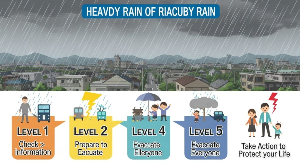 豪雨の中で、警戒レベル1から5までの避難行動を色分けして示す図解。情報確認から避難準備、全員避難、命を守る行動までの流れを日本人家族の行動で表現