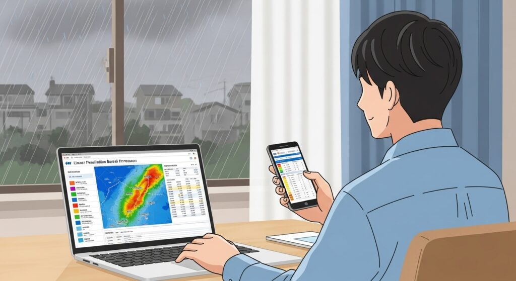 日本人男性がパソコンとスマートフォンで気象庁のキキクルや線状降水帯予測情報を確認し、豪雨の中で防災対応を考える様子。