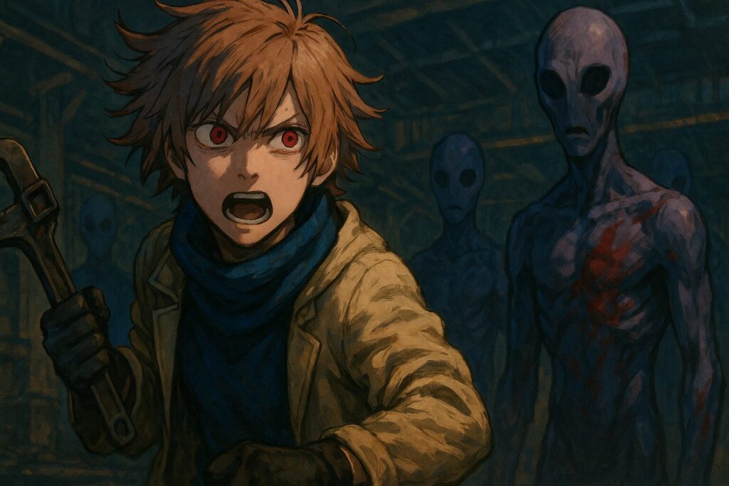 工場内部の暗がりで怒りを露わにするノマモトと、その背後に迫る宇宙人たちを描いたシーン