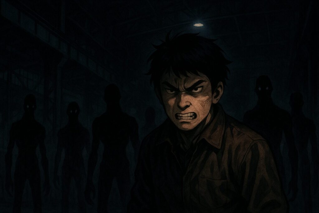 工場の暗がりで怒りに満ちた表情のノマモトと、不気味に立ち尽くす異形の影たち