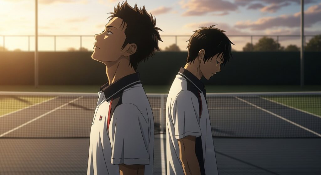 テニスコート脇で並んで立つ跡部景吾と樺地崇弘。跡部は冷静な表情で前を見据え、樺地は無言で控えめに寄り添う。二人の間には言葉を超えた信頼が漂い、夕陽の光が二人の影を長く伸ばしている構図。