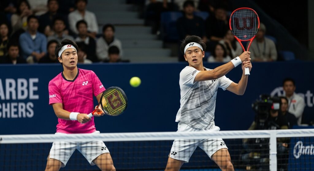 117-118のタイブレーク終盤、極限状態で渾身のショットを打ち合う跡部景吾と越前リョーマ。会場が息を呑む決着間近の一瞬を描いたイメージ