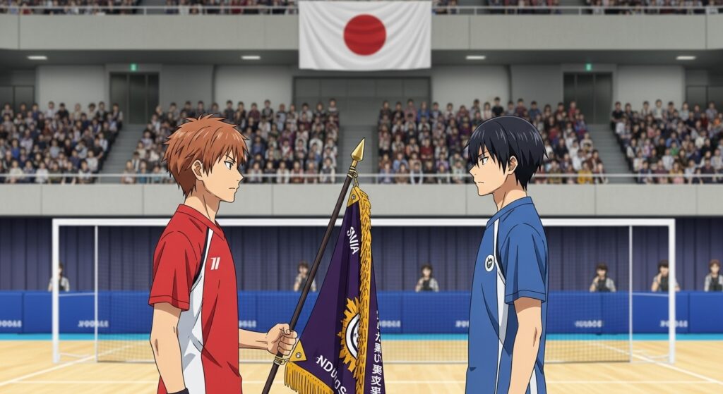 全国大会準々決勝で跡部景吾と越前リョーマが対峙する試合前の緊張感あふれる瞬間。チームの誇りを背負った代理戦争の幕開けを象徴するイメージ