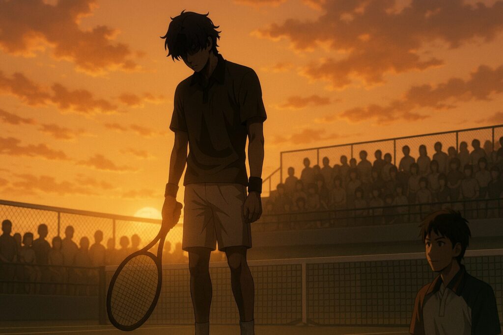 全国大会準々決勝でリョーマ戦の死闘後、立ったまま気絶する跡部景吾の象徴的な瞬間を描き、彼の誇りと責任感を表すイメージ