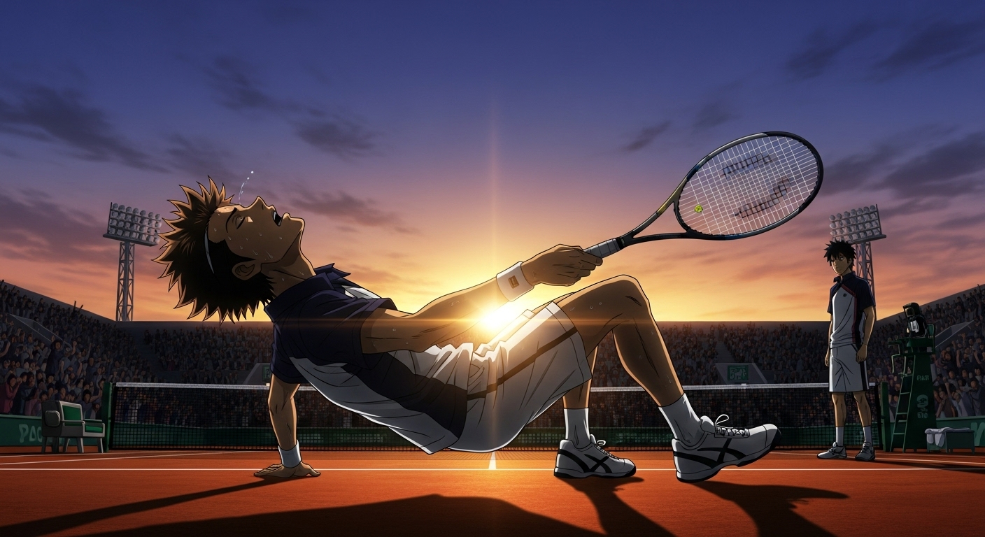 テニスコート中央に立ち尽くす跡部景吾。夕暮れの逆光でシルエットとなり、ラケットを支えながらも意識を失った表情。観客席のざわめきとリョーマの視線が遠くから映る、緊張感のある一瞬