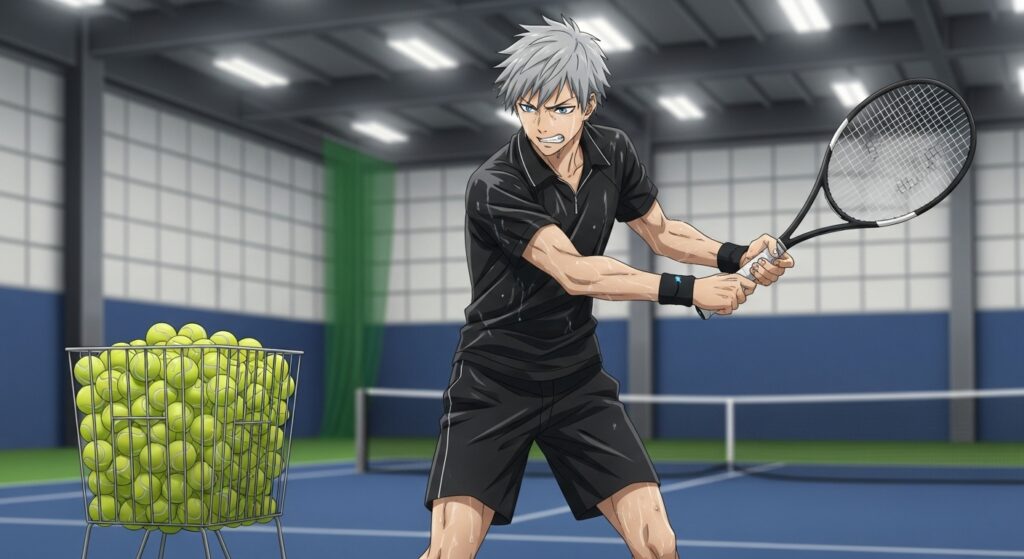 氷帝テニス部の頂点に立つ跡部景吾が、誰にも見せない場所で血の滲む努力を重ねる姿。王者のカリスマ性の裏にある研鑽を象徴するイメージ