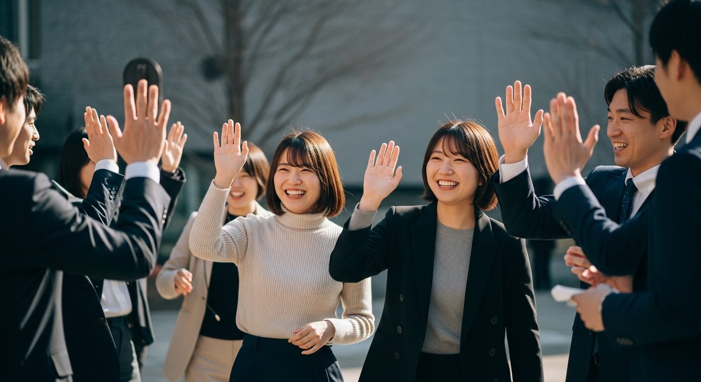 他人の成功を笑顔で祝福し、ハイタッチする人々