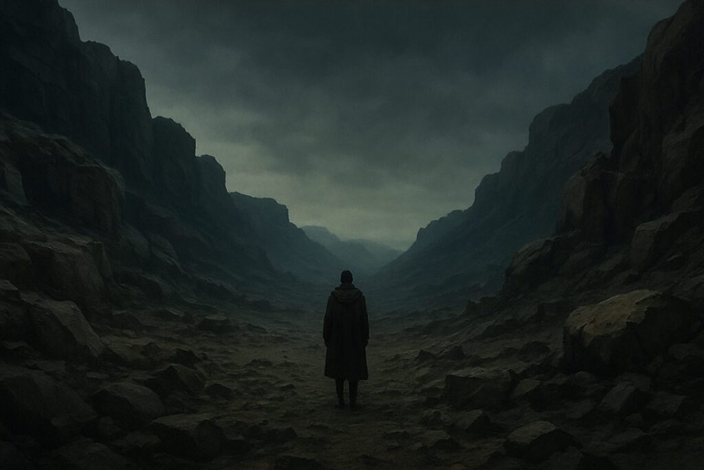 マンガ「ドラマクイン」の世界観を象徴する荒涼とした風景と、孤独に立つ人物の姿で物語の導入と深い魅力を表現したイメージ