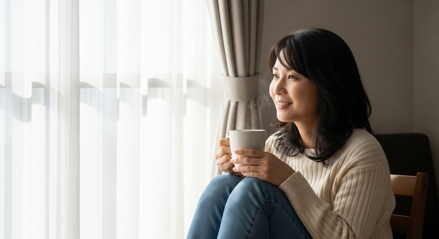 窓辺でコーヒーを飲みながらリラックスしてひとりの時間を楽しむ女性