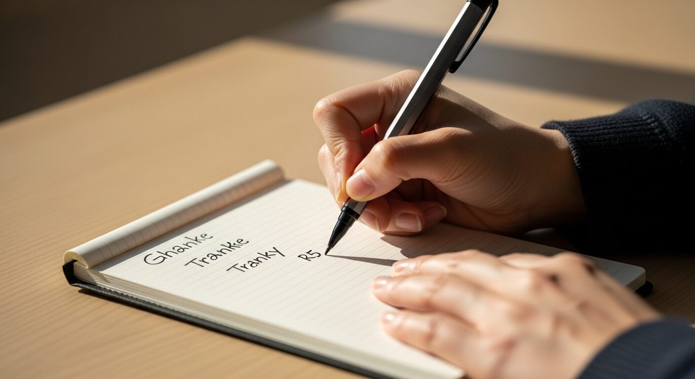 ノートに感謝の気持ちを書き留めている手元