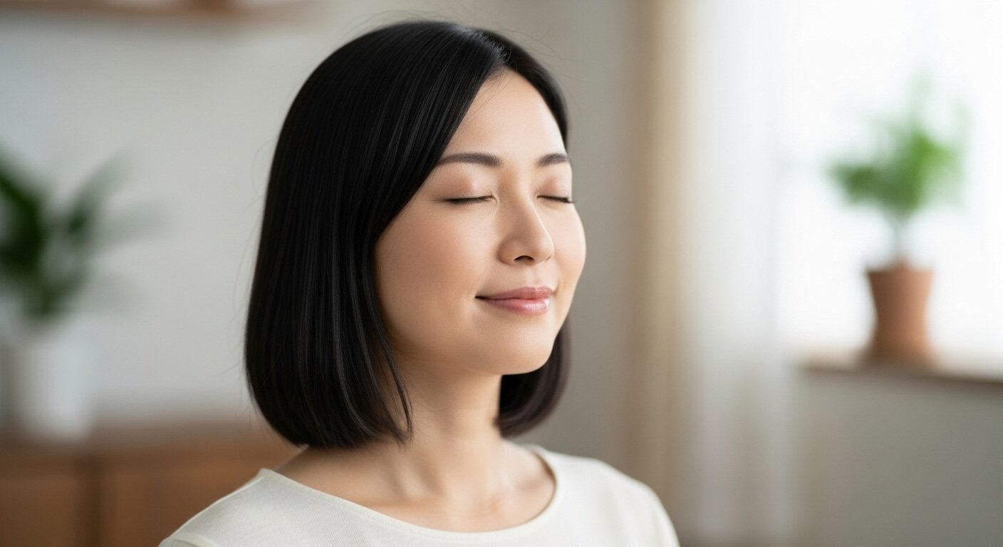 穏やかな表情でリラックスする人物。心に余裕がある人の特徴と育む方法をイメージしたイラスト。