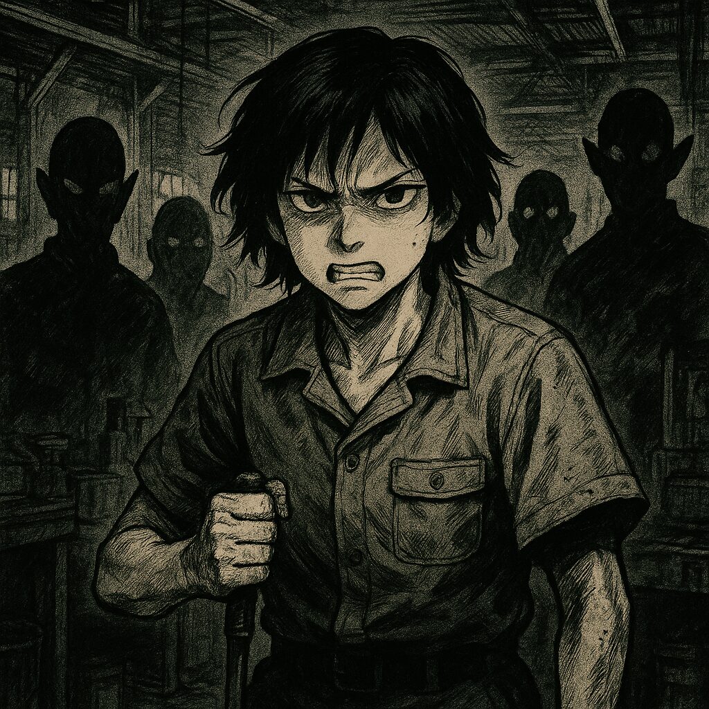 工場の暗がりで怒りに満ちた表情を浮かべる主人公ノマモトと、不気味に立ち尽くす複数の異形の影を描き、作品の緊張感