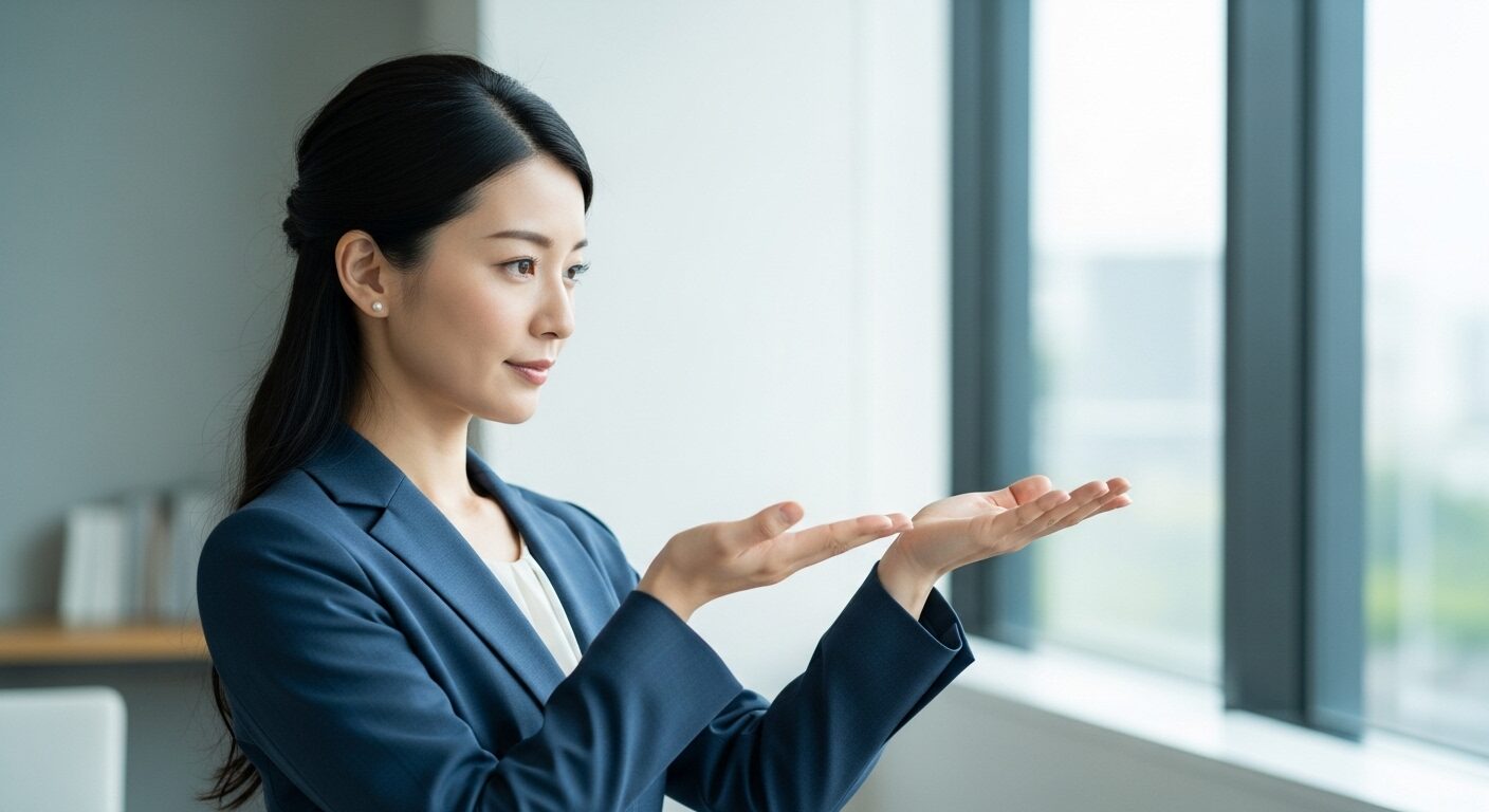 丁寧な話し方と落ち着いた仕草で対応する人物のイラスト