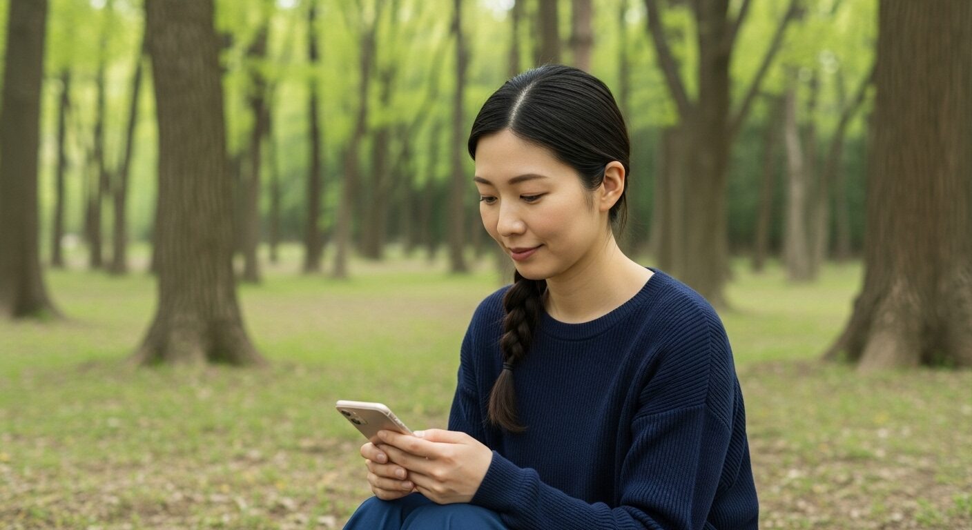 スマートフォンを手放し、自然の中でリラックスしてデジタルデトックスする女性