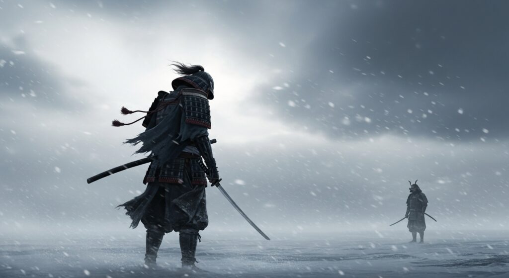 風雪の中で運命に向き合う阿弖流為と、その背後に立つ坂上田村麻呂