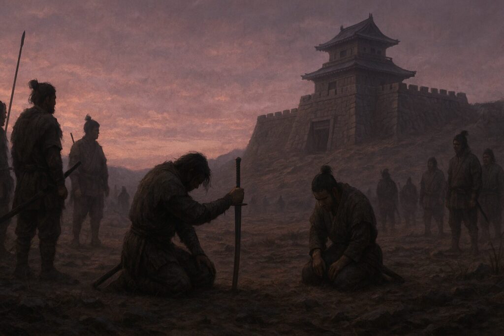 戦いの末故郷が荒廃した中、阿弖流為と母礼らが胆沢城を前に降伏を決断し、民を救うために剣を地に突き立てる瞬間を描いた情景