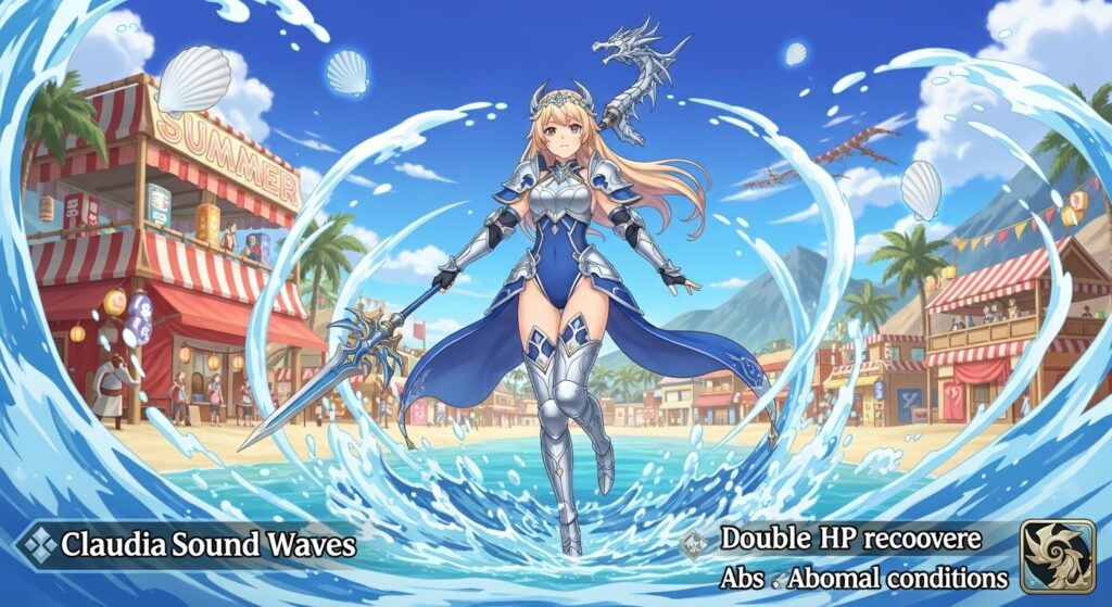 夏休みガチャ新登場キャラ「潮騒の龍機士・クラウディア」が海辺で登場するシーン。水着風鎧と槍を構え、波と光がスキル効果を象徴する。
