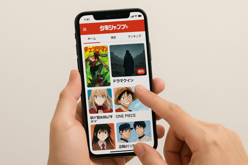 「少年ジャンプ＋」アプリでマンガ『ドラマクイン』を探し、無料話をタップして読む手順をイメージしたスマホ画面と操作の様子