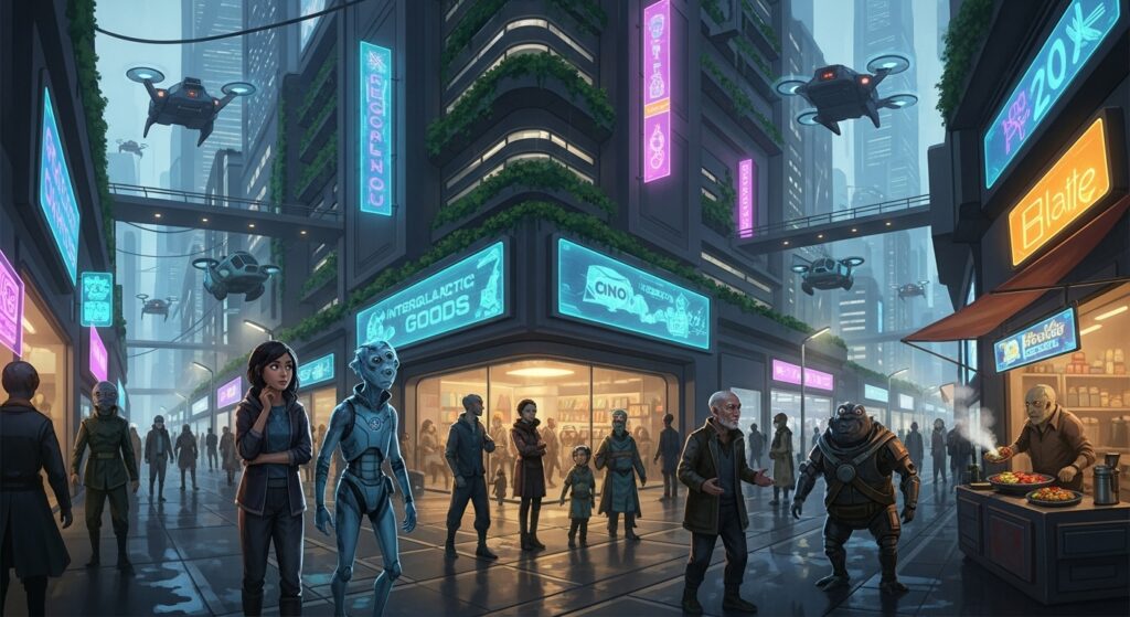 人間と異星人が共存する未来都市を舞台に、差別や格差など現代社会の問題を映し出す『ドラマクイン』のSF的かつ思弁的世界観を表現したイメージ