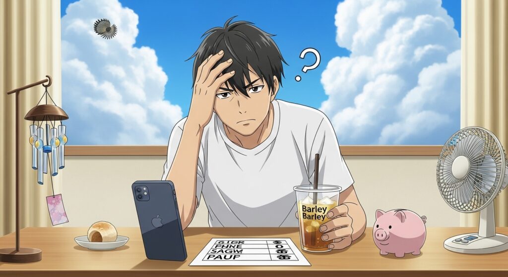 夏の午後、スマホと魔法石の残数メモを前に、ガチャを引くべきか真剣に悩む男性。麦茶や風鈴が夏の雰囲気を添える。