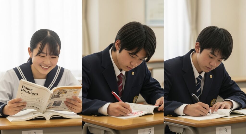 高校1年生が基礎固め、高校2年生が苦手克服、高校3年生が志望校対策に取り組む様子を並べて描き、学年別に異なる夏期講習の学習方針を表現。