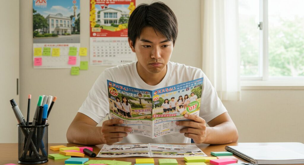 河合塾夏期講習の豊富な講座の中から、自分に合ったものを選ぼうとパンフレットを見比べて迷う高校生。机には付せんやメモが広がる。