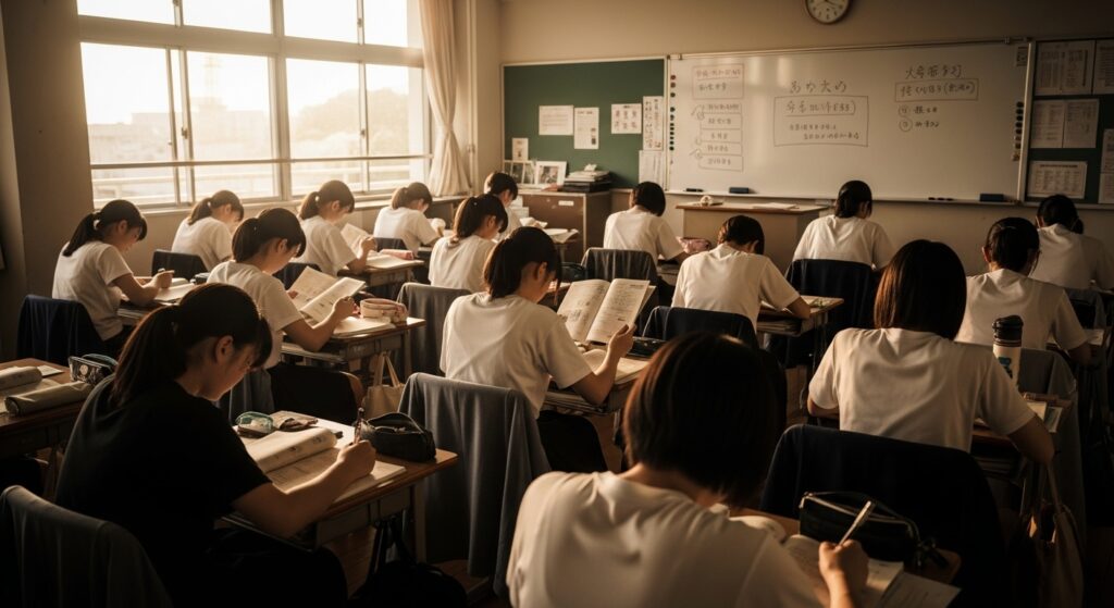 自宅の明るい勉強机。左半分では日本人の高校生(夏服)が分厚い塾パンフレット