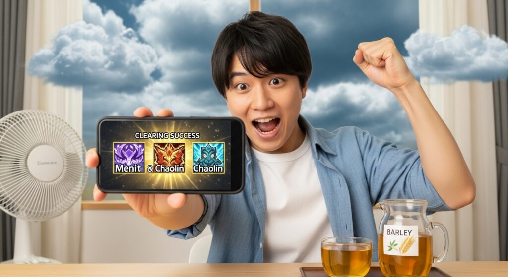 メニット＆チャオリンを使った攻略に成功し、喜びのガッツポーズをする男性プレイヤー。スマホ画面にはクリア演出とキャラアイコンが輝く。