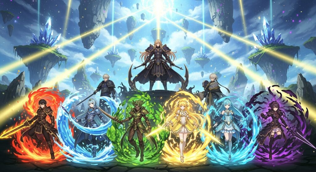 2025年最新のパズドラ最強パーティー、人気キャラが属性エフェクトを纏いバトルポーズを決める幻想的なシーン。