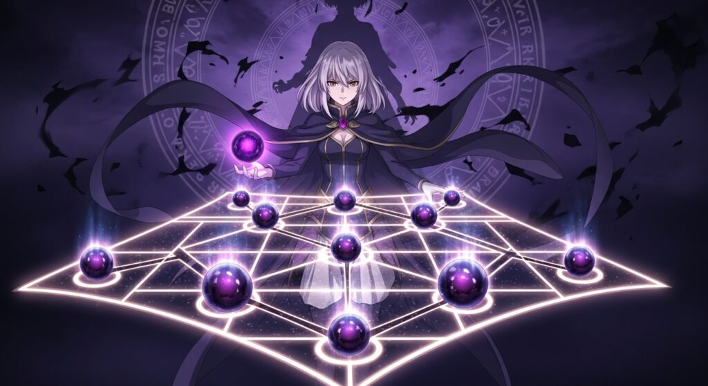 闇の魔法陣を展開し、7×6マス盤面で闇ドロップを8個繋げる女性キャラクター「アウラ」の幻想的なバトルシーン。