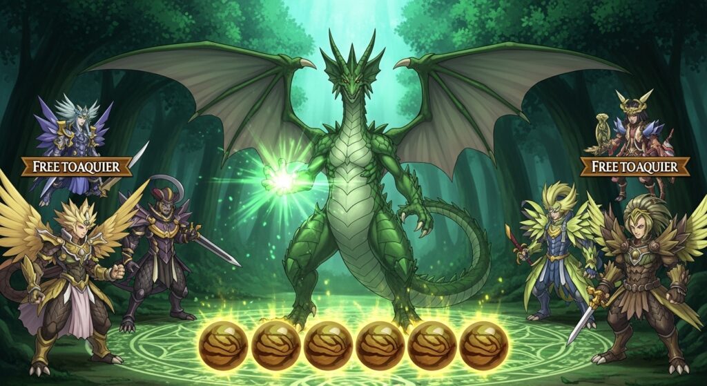 深緑の森を背に、木ドロップの力を放つ降臨モンスター「グランエルヴ」と木属性パーティーメンバーが並ぶ情景。