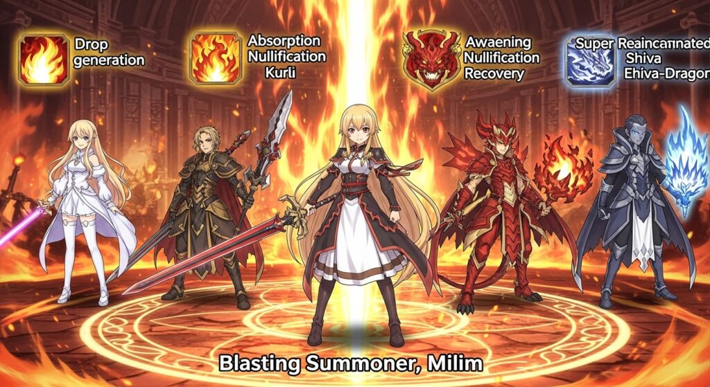 爆轟の召喚士・ミリムを中心に、火属性パーティーを支える4体の必須級サブモンスターが並ぶ迫力ある構図。