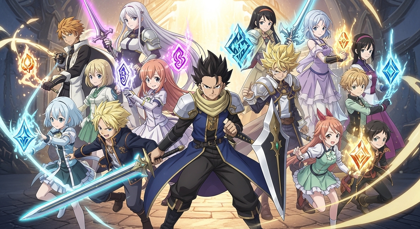 パズドラの2025年最新最強パーティーをテーマに、人気キャラクターが集結した迫力ある構図。各キャラが属性ごとのエフェクトを纏い、躍動感のあるバトルポーズを取っている。背景はファンタジー感あふれる高解像度アートで、華やかな光とエネルギーが満ちている。