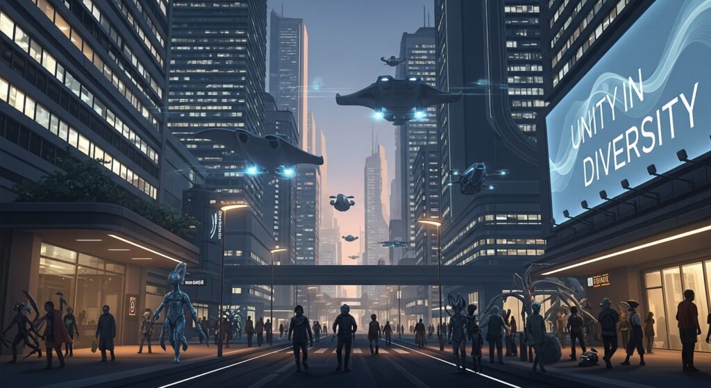 未来都市の一角で、人間と異星人が共に暮らす街並み。高層ビルの間を浮遊する小型輸送船、異形の住人と人間がすれ違う通り。落ち着いた色調で社会的テーマを感じさせる雰囲気。