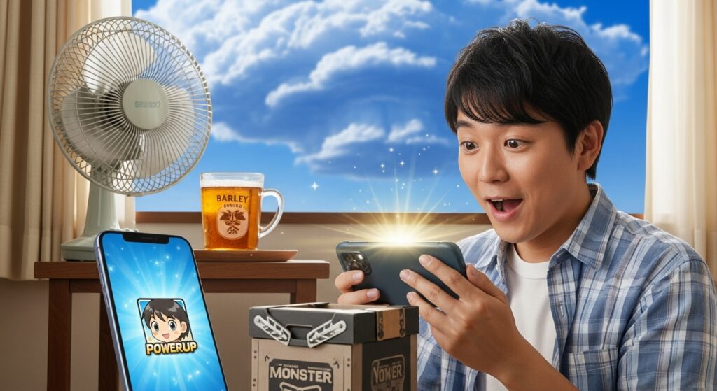 昔の夏休みキャラの上方修正を確認し、再び活躍できることに驚き喜ぶ男性プレイヤー。背景には夏の青空と扇風機が映る。