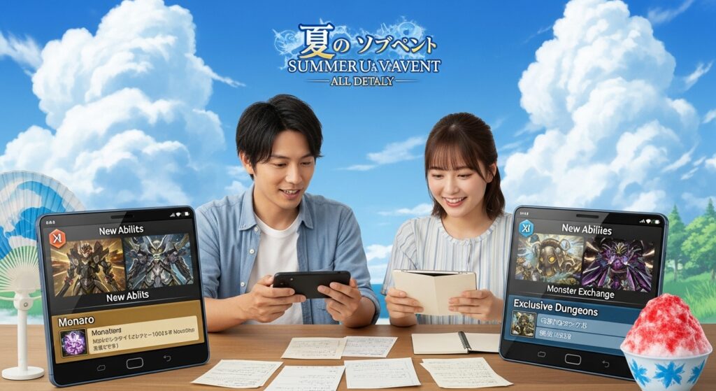 夏休みイベントの新キャラや交換所、限定ダンジョンの情報を確認しながら作戦を立てる二人のプレイヤー。机にはかき氷や扇風機が置かれ夏らしい雰囲気。