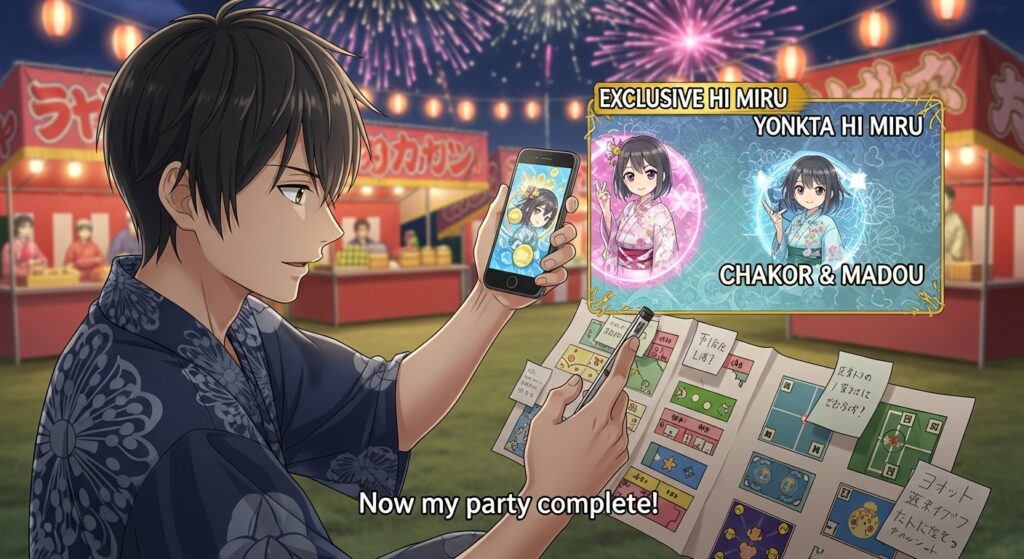 夏祭りの夜、浴衣火ミルやチャコル＆マドゥの限定キャラ演出を見て歓喜する男性。背後に屋台や花火が映る幻想的な雰囲気。