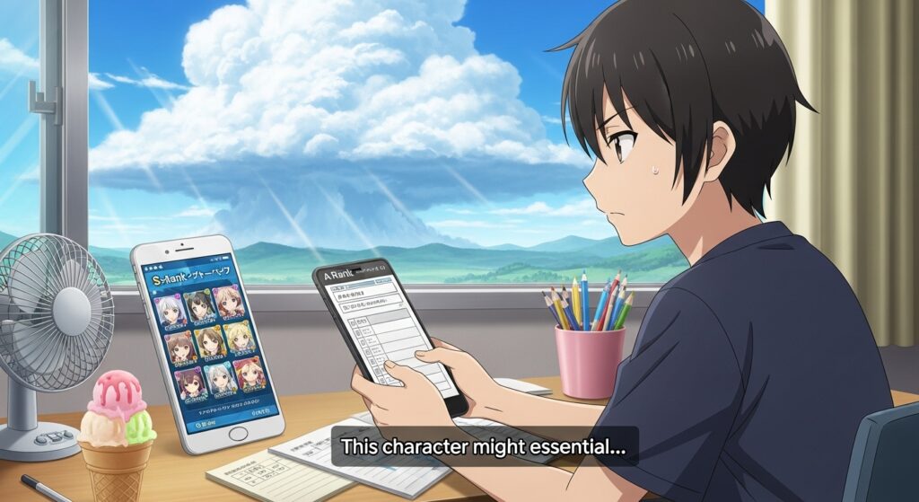 夏休みガチャのSランクやAランクキャラを比較し、どれを狙うか真剣に検討する男性プレイヤー。机にはアイスとメモが置かれ夏の雰囲気。