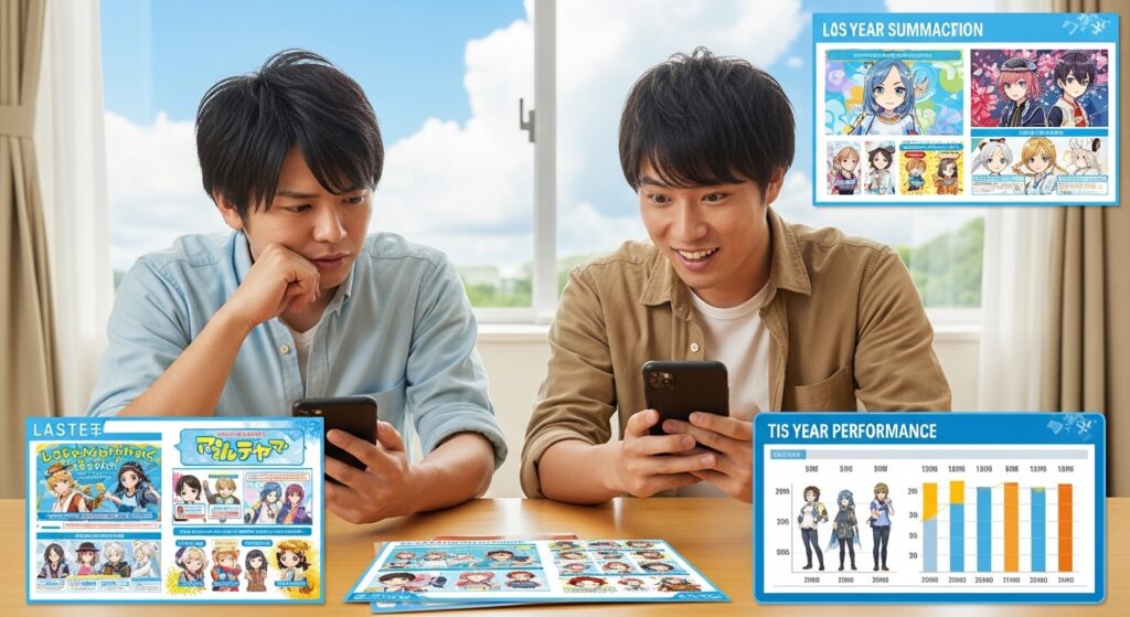 去年と今年の夏休みキャラを比較し、性能の変化に驚きつつスマホ画面を見つめる二人のプレイヤー。表情には寂しさと興奮が入り混じる。